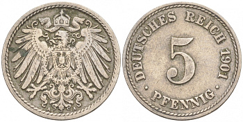 ГЕРМАНИЯ 5 ПФЕННИГОВ 1901 A, KM 11, J. 12 медно-никель 73-665