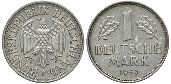 ФРГ 1 МАРКА 1959 F J 385, KM 110 медно-никель 72-653