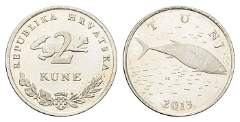 Хорватия 2 куны 2013 тунец, нечетный год KM 10 медь цинк никель  UNC  4660-421