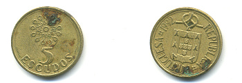 ПОРТУГАЛИЯ 5 ЭСКУДО 1992 KM 632 никель латунь 176-556