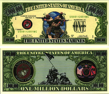 США 1000000 ДОЛЛАРОВ 2001 СУВЕНИРНАЯ БАНКНОТА, СЕРИЯ АРМИЯ США, МОРСКИЕ КОТИКИ бумага UNC (ПРЕСС) 7198-35-1-1