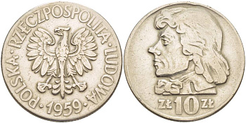 Польша 10 злотых 1959 MW, Тадеуш Костюшко, первый год KM 50 медно-никель 4542-1225