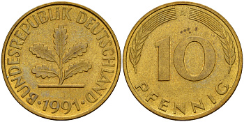ФРГ 10 пфеннигов 1991 A J. 383, KM 108 сталь плакированная латунью    4603-632