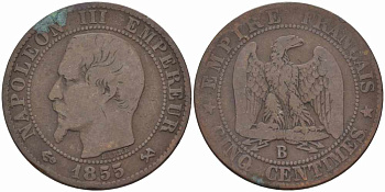 Франция 5 сантимов 1855 B, Наполеон III (1852-1870) KM 777.2, LE FRANC 116.19 бронза 108-315
