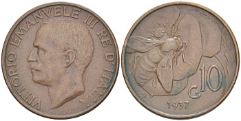 ИТАЛИЯ 10 ЧЕНТЕЗИМО 1937 R, МОНДВОР РИМ, ВИКТОР ЭММАНУИЛ III (1900-1946) KM 60 медь 4525-327