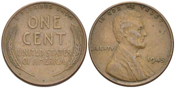 США 1 ЦЕНТ 1945 ЛИНКОЛЬН KM А132 медь цинк 3309-534