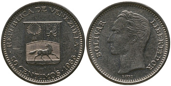 Венесуэла 50 сентимо 1965 Симон Боливар KM 41, Schon 51 никель 4525-845