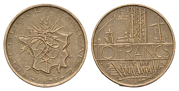 Франция 10 франков 1975 KM 940 медь алюминий никель 4118-622
