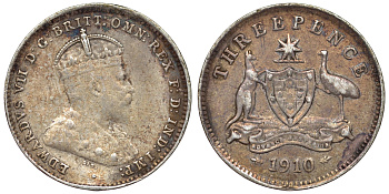 Австралия 3 пенса 1910 L, Эдуард VII (1902-1910), герб Австралии KM 18 серебро 71-111