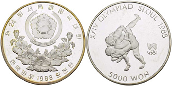 Южная Корея 5000 вон 1988 XXIV Летние Олимпийские игры в Сеуле 1988 года, вольная борьба KM 70 серебро PROOF 1072-10-63