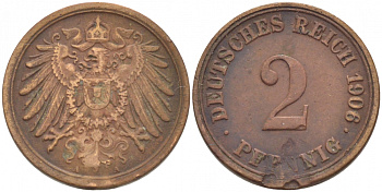 ГЕРМАНИЯ 2 ПФЕННИГА 1906 A KM 16, J. 11 медь 4396-1548