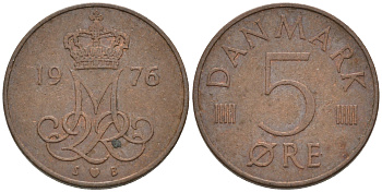 Дания 5 эре 1976 S; B, Маргрете II (1972- ) KM 859.1 железо плакированное медью 4564-1163