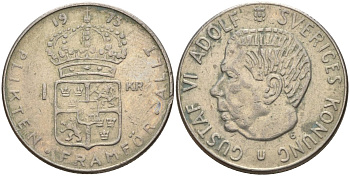 Швеция 1 крона 1973 U, Густав VI Адольф (1950-1973) KM 826a медь плакированный медно-никелем 4150-336