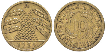 Германия 10 рентенпфеннигов 1924 A KM 33, J. 309 алюминиевая бронза 4604-634