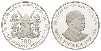 Кения 500 шиллингов 1988 25 лет независимости, Даниель арап Мои, тираж 375 экземпляров КМ 25 серебро PROOF 11-140-13