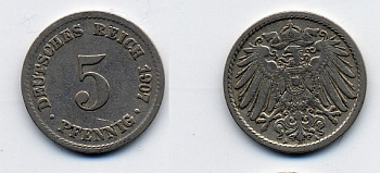 ГЕРМАНИЯ 5 ПФЕННИГОВ 1907 A, KM 11, J. 12 медно-никель 84-968