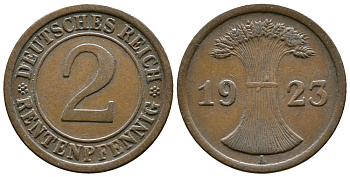 Германия 2 рентенпфеннига 1923 A KM 31, J. 307 бронза    4393-853