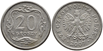 ПОЛЬША 20 ГРОШЕЙ 2007 MW KM 280 медно-никель 4392-558