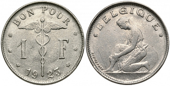 Бельгия 1 франк 1923 Belgique, Альберт I (1909-1934) KM 89 никель 51-1932