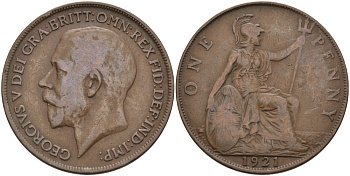Великобритания 1 пенни 1921 Георг V (1910-1936) KM 810, Spink 4051 бронза 97-312