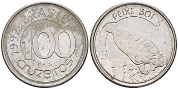 БРАЗИЛИЯ 100 КРУЗЕЙРО 1992 РЕФОРМА 1990-1993, ЛАМАНТИН KM 623 нержавеющая сталь 4392-1042