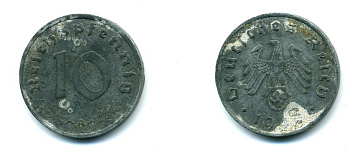 ГЕРМАНИЯ 10 РЕЙХСПФЕННИГОВ 1940 A, KM 101, J. 371 цинк 46-2552