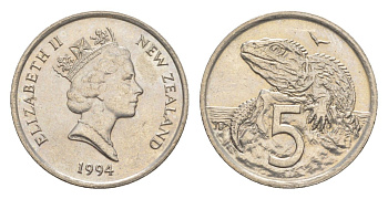 Новая Зеландия 5 центов 1994 Елизавета II (1952-2022), ящерица гаттерия KM 60 медно-никель UNC 4649-646