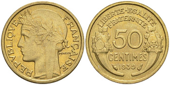 ФРАНЦИЯ 50 САНТИМОВ 1939 ТИП MORLON KM 894.1, LE FRANC 192.15 алюминиевая бронза 44-913