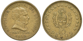 Уругвай 10 песо 1965 KM 48 алюминиевая бронза 4574-1033