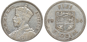 Фиджи 1 флорин 1934 Георг V (1910-1936), герб Фиджи KM 5 серебро 91-1235