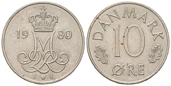 Дания 10 эре 1980 Маргрете II (1972-2024) KM 860.2 медно-никель aUNC 211-321