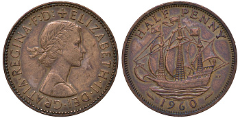 Великобритания 1/2 пенни 1960 Елизавета II (1952-2022) KM 896, Spink 4158 бронза 4122-827
