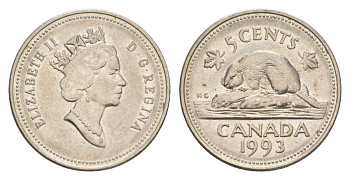 Канада 5 центов 1993 Елизавета II (1952-2022), бобр KM 182 медно-никель 4630-743