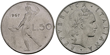 Италия 50 лир 1967 R, бог огня Вулкан у наковальни KM 95.1 нержавеющая сталь 4138-556