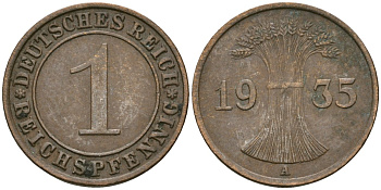 Германия 1 рейхспфенниг 1935 A KM 37, J. 313 бронза 4189-1263