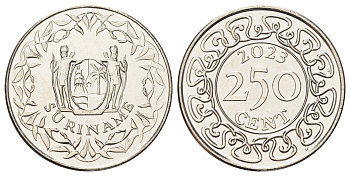 Суринам 250 центов 2023  KM NEW никелированная сталь  UNC  4403-311