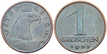 АВСТРИЯ 1 ГРОШ 1925 ДОВОЕННАЯ ДЕСЯТИЧНАЯ ЧЕКАНКА KM 2836 бронза 201-149