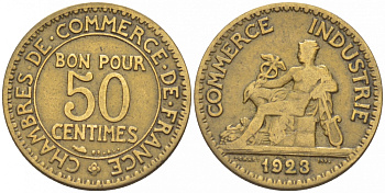 ФРАНЦИЯ 50 САНТИМОВ 1923 CHAMBRES DE COMMERCE KM 834, LE FRANC 191.6 алюминиевая бронза 3309-1069
