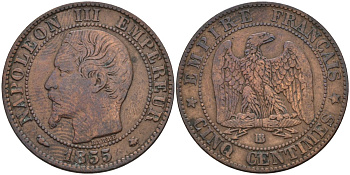 Франция 5 сантимов 1855 BB, Наполеон III (1852-1870) KM 777.3, Le Franc 116.24 бронза 4584-344
