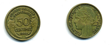 ФРАНЦИЯ 50 САНТИМОВ 1932 ТИП MORLON, OPEN 9, С ЯГОДОЙ KM 849.1, LE FRANC 192.7 алюминиевая бронза 84-359