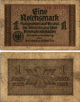 ГЕРМАНИЯ 1 РЕЙХСМАРКА 1940-1945 СЕРИЯ 425, ДЛЯ ОККУПИРОВАНЫХ ТЕРРИТОРИЙ, ВТОРАЯ МИРОВАЯ ВОЙНА Pick R136а, Розенберг 551а бумага 8615-71-1-2