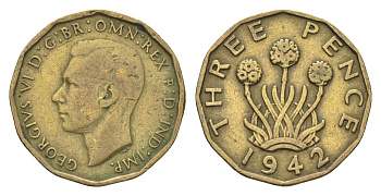 Великобритания 3 пенса 1942 Георг VI (1936-1952) KM 849, Spink 4112 никель латунь    4660-656