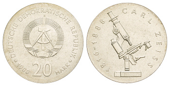 ГДР 20 марок 1988 100 лет со дня смерти Карла Фридриха Цейса KM 124, J. 1621 серебро UNC 00-819-14