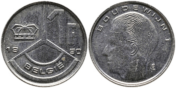 Бельгия 1 франк 1990 Belgie, Бодуэн I (1951-1993) KM 171 нержавеющая сталь 99-1241