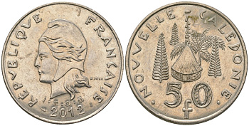 Французская Новая Каледония 50 франков 2012 хижина среди сосен и пальм, (IEOM) KM 13a, Schoen 15a, Lec 128i медно-никель 115-1023