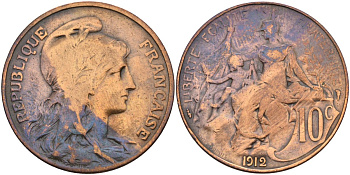 Франция 10 сантимов 1912 KM 843, Le Franc 136.22 бронза 4593-421