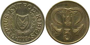 Кипр 5 центов 1993 KM 55.3 никель латунь 4158-557