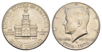 США 1/2 доллара (50 центов) 1976 D, 200 лет независимости, Джон Кеннеди KM 205 медь плакированная медно-никелем aUNC 4545-1042