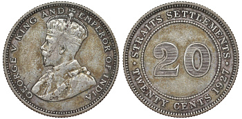 Стрейтс-Сетлментс 20 центов 1927 Георг V (1910-1936) КМ 30b серебро 53-824