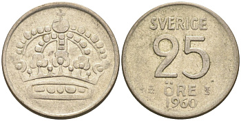 Швеция 25 эре 1960 Густав VI Адольф (1950-1973) KM 824 серебро 4585-462